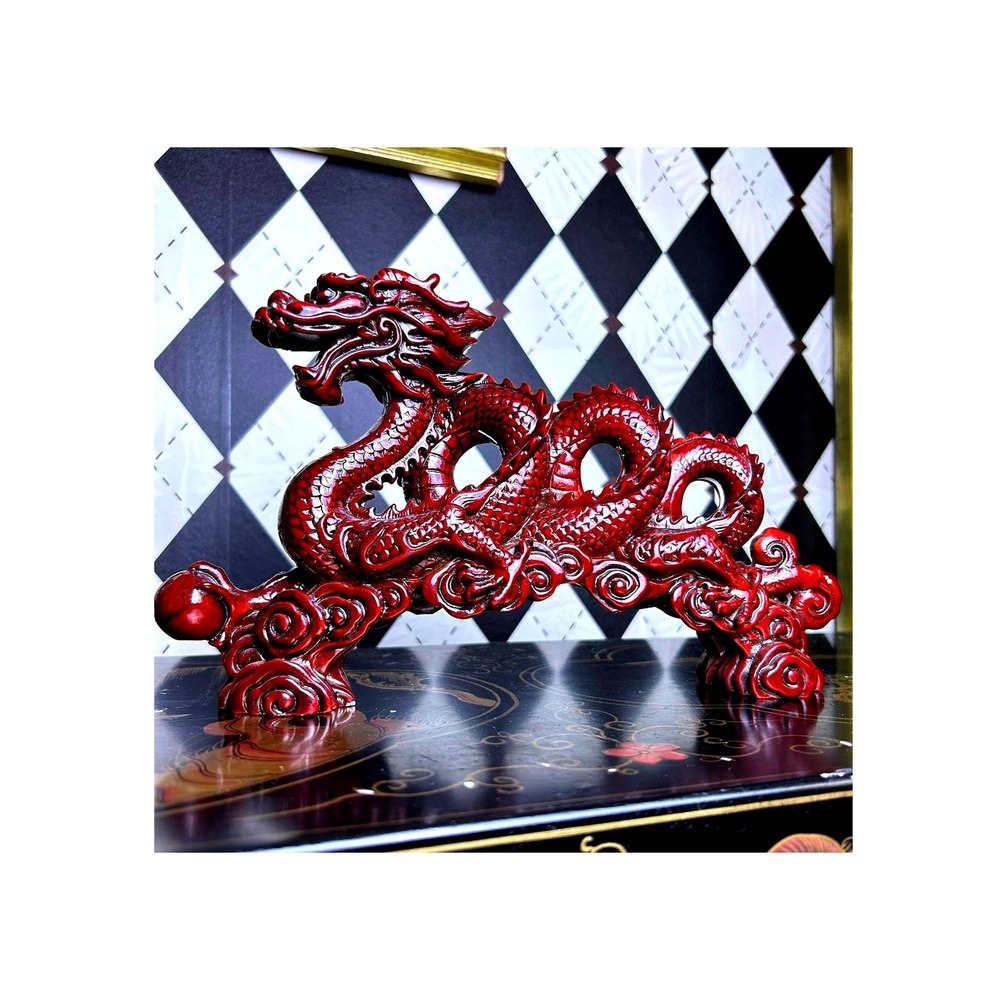 Regal Red Dragon Figurine Asian Style Oxblood Finish Decorative Sculpture 12"
